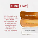 Think Zinc sunscreens with swatches of different shades on a white background