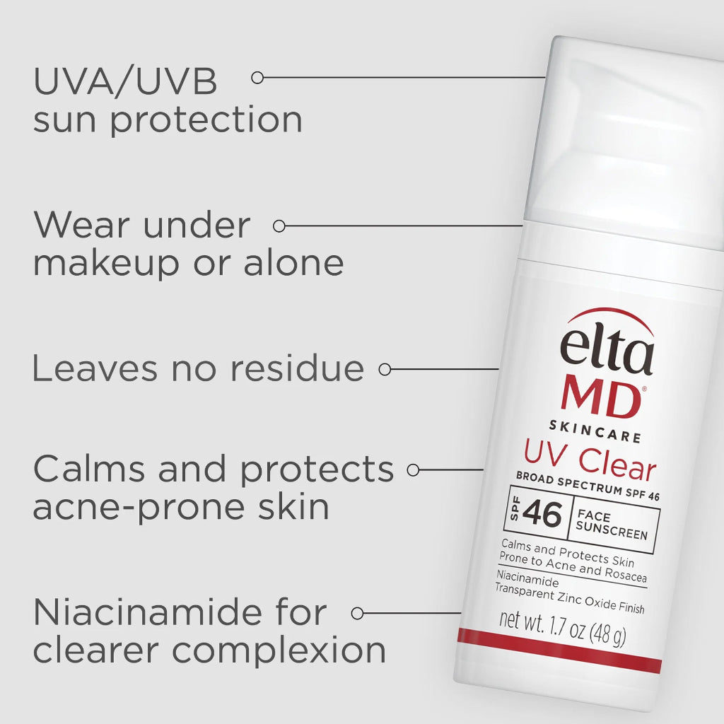 Eleta MD UV Clear sunscreen bottle with text highlighting features on a light gray background