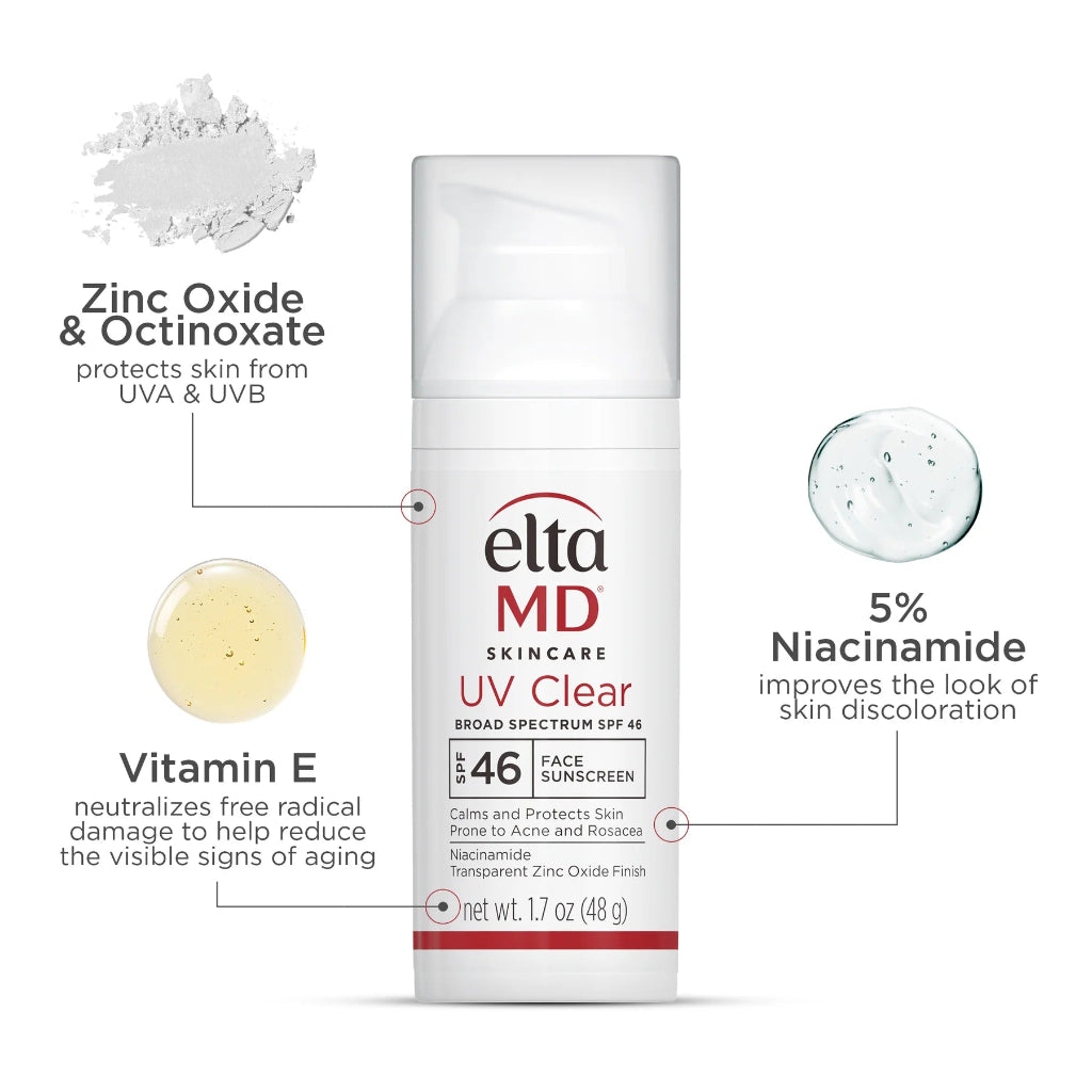 Eltma MD UV Clear sunscreen bottle with labeled Key Ingredients - Zinc Oxide, Octinoxate, Niacinamide, Vitamin E, on a white background