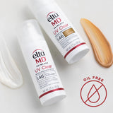 Two bottles of Elta MD UV Clear sunscreen with a swatch of color on a light background