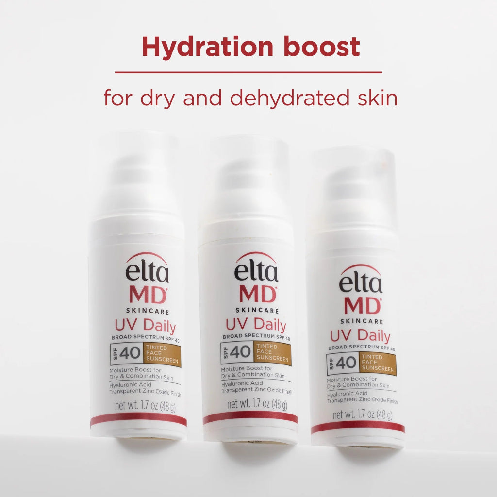 Three bottles of Elta MD UV Daily Broad Spectrum SPF 40 on a white background with 'Hydration boost' text.
