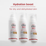 Three bottles of Elta MD UV Daily Broad Spectrum SPF 40 on a white background with 'Hydration boost' text.