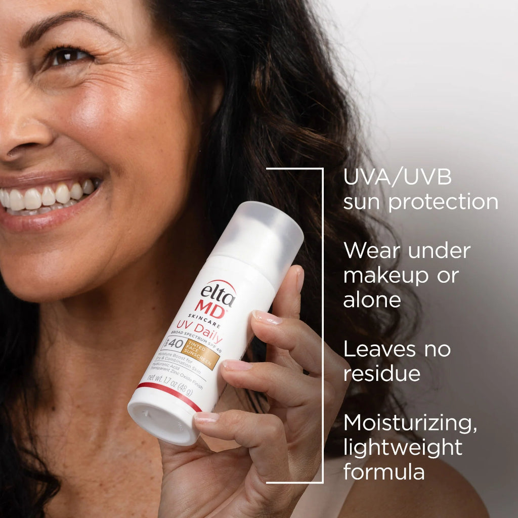 Woman holding a bottle of Elta MD UV Daily SPF 40 sunscreen with product features listed.
