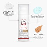 Eltma MD UV Daily sunscreen bottle with labeled key ingredients - Zinc Oxide, Octinoxate, Hyaluronic Acid, and Iron Oxide - on a white background