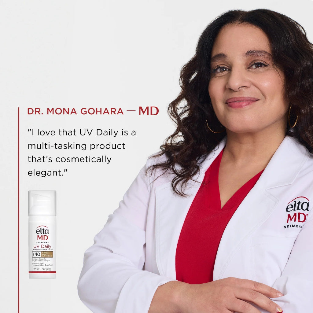 Physician - Dr. Mona Gohara MD - in a white lab coat with 'Elta MD' branding, with a quote on product benefits.