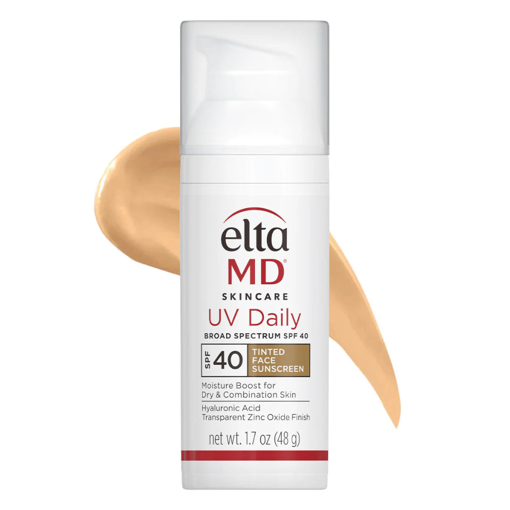 Eltamd UV Daily Tinted Face Sunscreen bottle with a swatch of sunscreen color on a white background