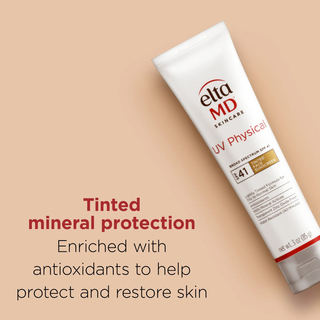 Elta MD UV Physical sunscreen tube on a beige background highlighting its tinted mineral protection