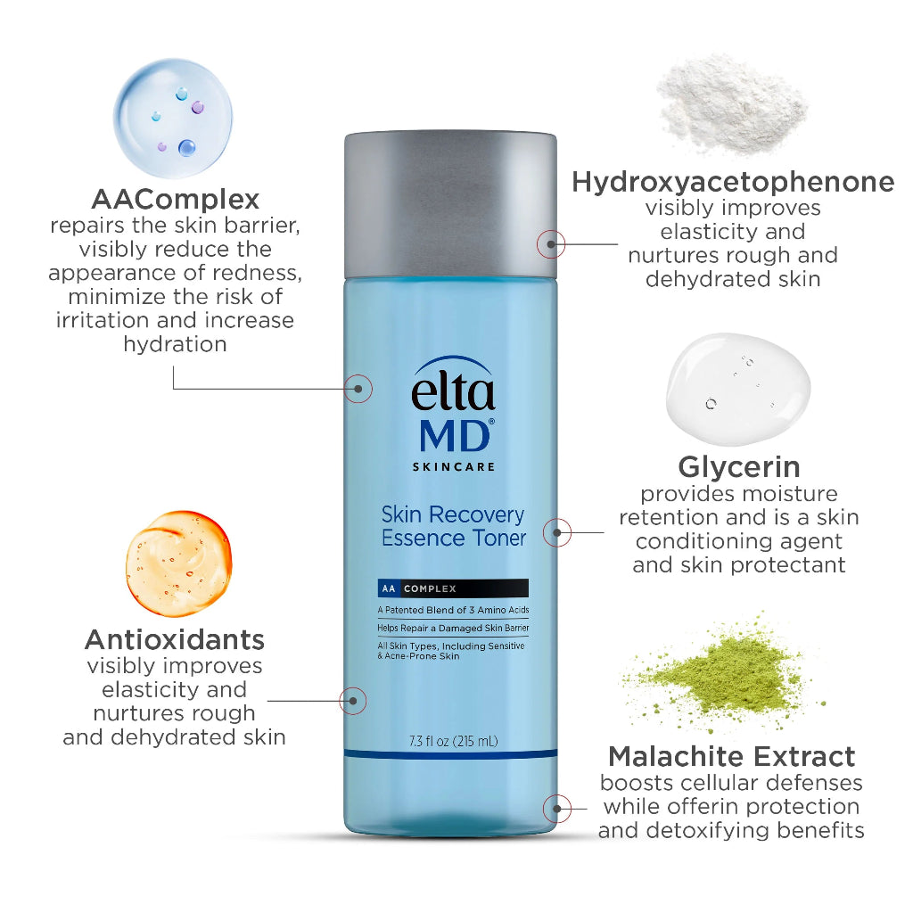 EltaMD Skin Recovery Essence Toner ingredient highlights – formulated with AAComplex, malachite extract, glycerin, antioxidants, and hydroxyacetophenone to hydrate, soothe, and protect sensitive skin
