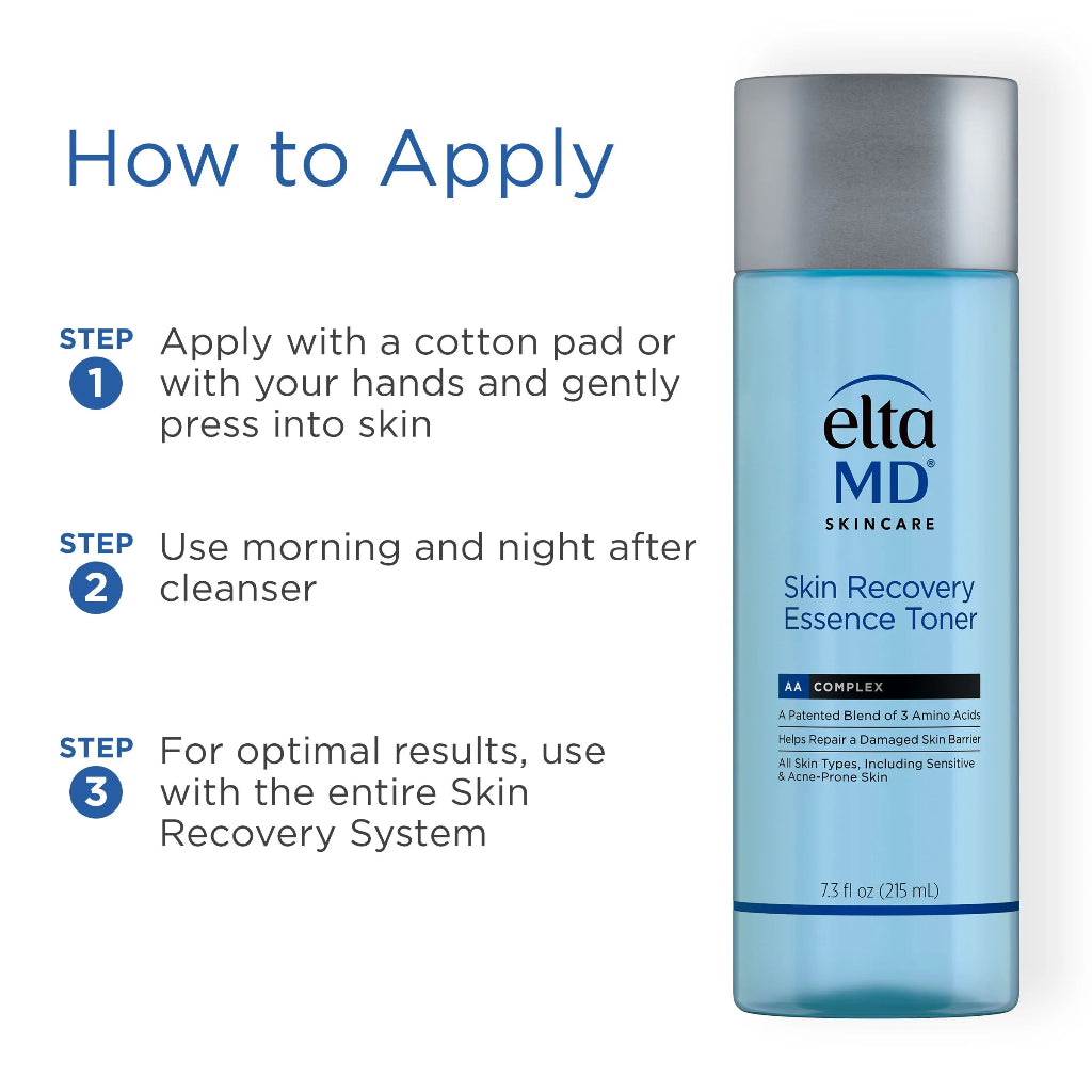 How to apply EltaMD Skin Recovery Essence Toner – gently pat onto clean skin with hands or cotton pad, morning and evening, after cleansing