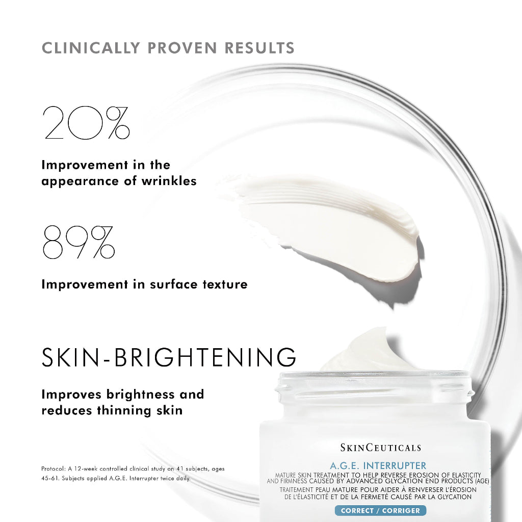 Clinically proven results of SkinCeuticals A.G.E. Interrupter Advanced showing improvement in wrinkles, firmness, and skin texture