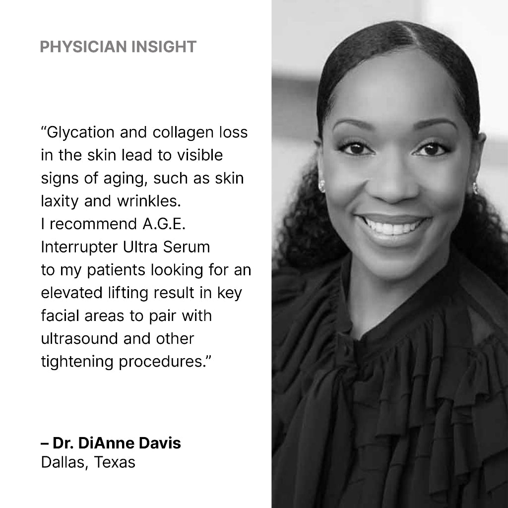Physician Dr. DiAnne Davis' black and white photo and product insights on the SkinCeuticals A.G.E. Interrupter Ultra Serum