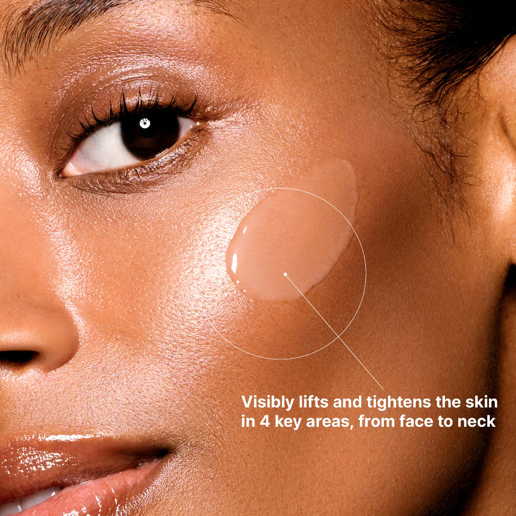 Close-up of a woman's face with a product application of the SkinCeuticals A.G.E. Interrupter Ultra Serum, highlighting skin lifting and tightening effects.