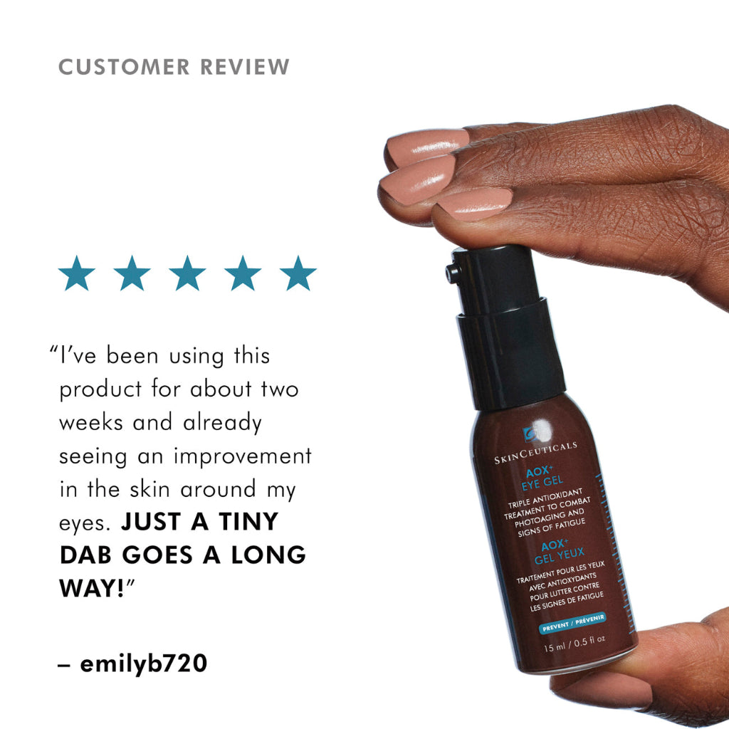 SkinCeuticals AOX+ Eye Gel with customer review by Emilyb720 displayed on product packaging and background.
