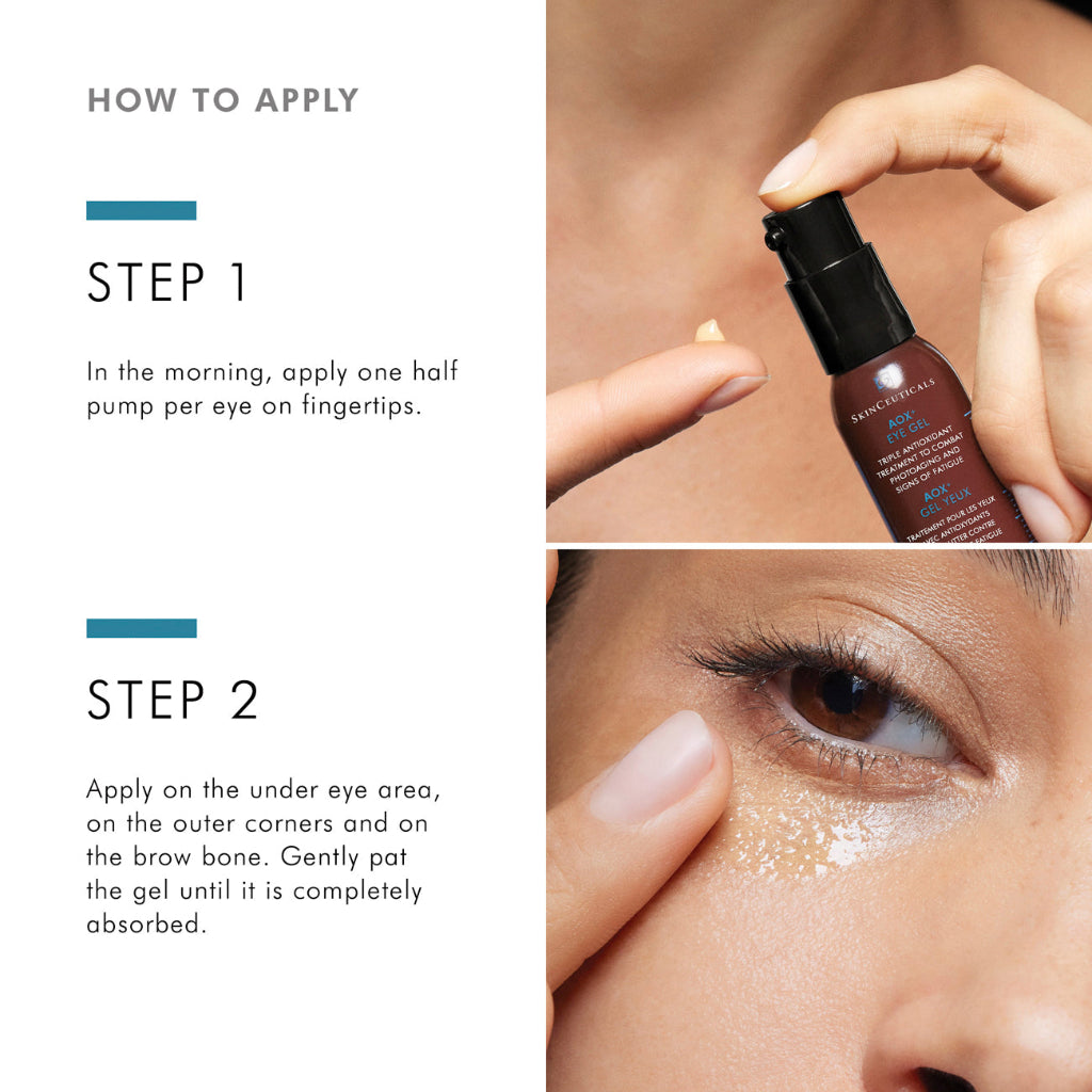 How to apply SkinCeuticals AOX+ Eye Gel — gently patting gel around the under-eye area and brow bone using fingertips