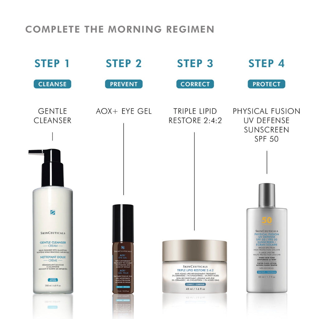 SkinCeuticals AOX+ Eye Gel featured in a morning skincare regimen with other SkinCeuticals products on a clean vanity surface