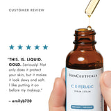 SkinCeuticals C E Ferulic customer review by emilyb720 highlighting visible improvement in skin tone and radiance after use
