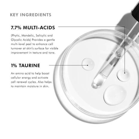 Visual breakdown of key ingredients in SkinCeuticals Cell Cycle Catalyst, featuring 7.7% multi-acid complex (AHAs and BHAs) and 1% taurine to promote gentle exfoliation, cellular renewal, and improved skin texture.