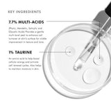 Visual breakdown of key ingredients in SkinCeuticals Cell Cycle Catalyst, featuring 7.7% multi-acid complex (AHAs and BHAs) and 1% taurine to promote gentle exfoliation, cellular renewal, and improved skin texture.
