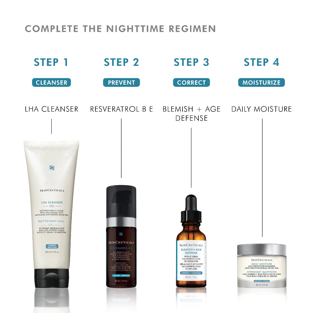 SkinCeuticals Daily Moisture included in a 4-step evening skincare routine for lightweight hydration and oil control