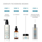SkinCeuticals Eye Balm in a 4-step AM regimen – shown as step three after cleansing and serum, applied before moisturizer and sunscreen to hydrate and smooth the eye area.
