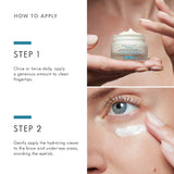 How to apply SkinCeuticals Eye Balm in 2 steps – gently warm a small amount between fingertips, then pat around the orbital bone to nourish and hydrate the under-eye area