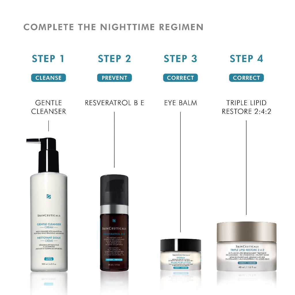 SkinCeuticals Eye Balm in a 4-step PM regimen – featured as step three after cleansing and serum, applied before night moisturizer to nourish and repair the under-eye area overnight.
