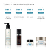 SkinCeuticals Eye Balm in a 4-step PM regimen – featured as step three after cleansing and serum, applied before night moisturizer to nourish and repair the under-eye area overnight.