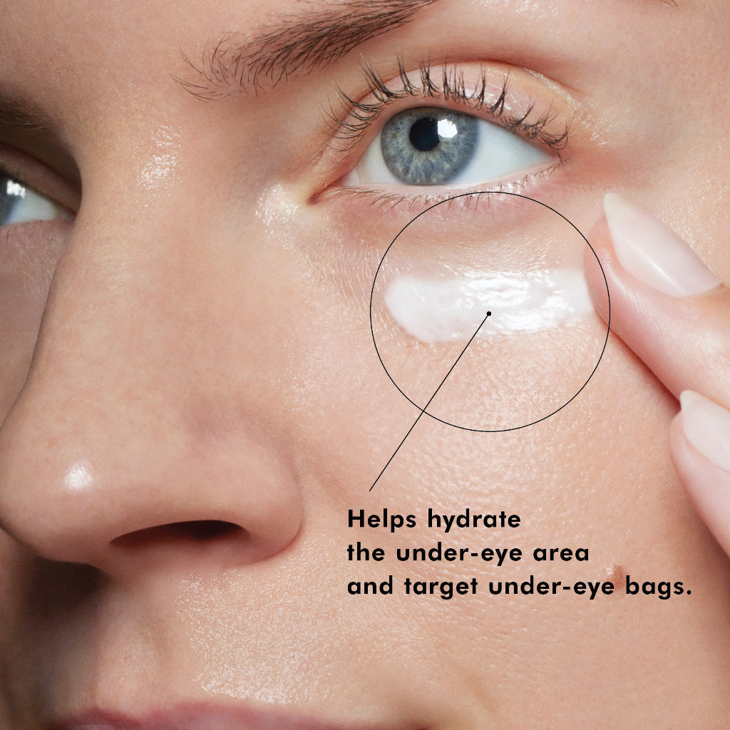 Swatch of SkinCeuticals Eye Balm applied under the eye of a fair-skinned woman – showing the rich, creamy texture designed to hydrate and smooth delicate under-eye skin