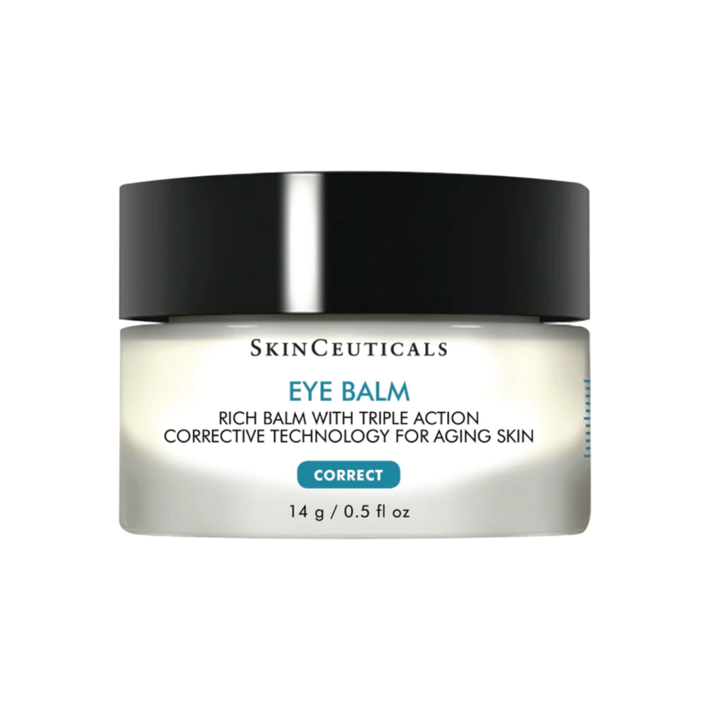 SkinCeuticals Eye Balm – rich, hydrating under-eye cream in a sleek jar, designed to moisturize delicate skin and reduce the appearance of fine lines, puffiness, and visible aging