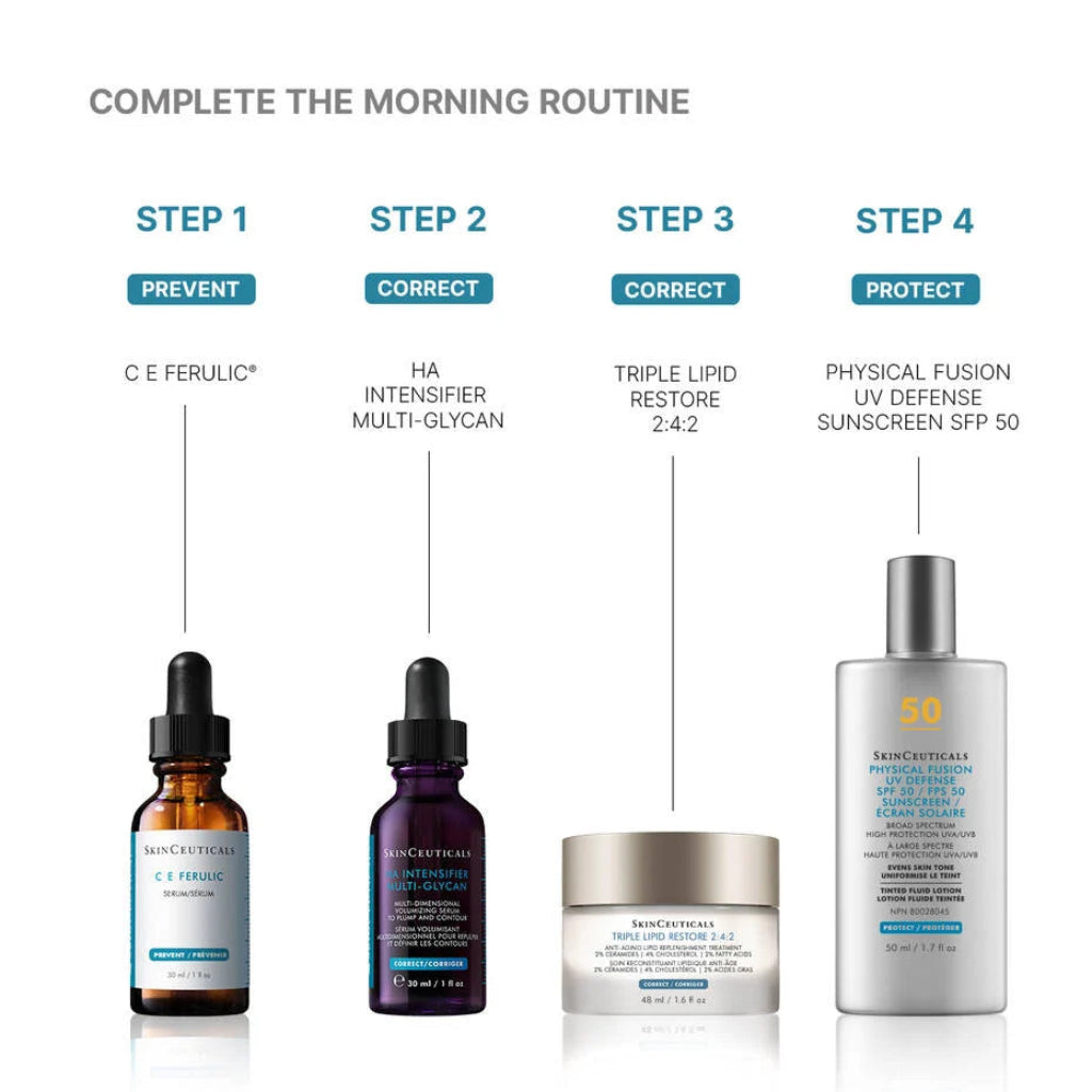 SkinCeuticals H.A. Intensifier Multi-Glycan serum featured in an AM skincare routine – applied after cleansing and before sunscreen to boost morning hydration and skin firmness throughout the day.