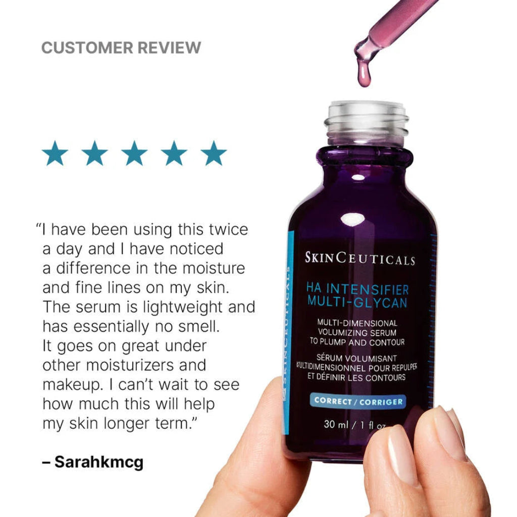 Customer review for SkinCeuticals H.A. Intensifier Multi-Glycan serum highlighting visible skin plumping, hydration, and improved texture after regular use