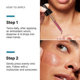 How to apply SkinCeuticals H.A. Intensifier Multi-Glycan serum in 2 steps – dispense a few drops and gently pat onto clean face, focusing on areas with visible fine lines and loss of volume