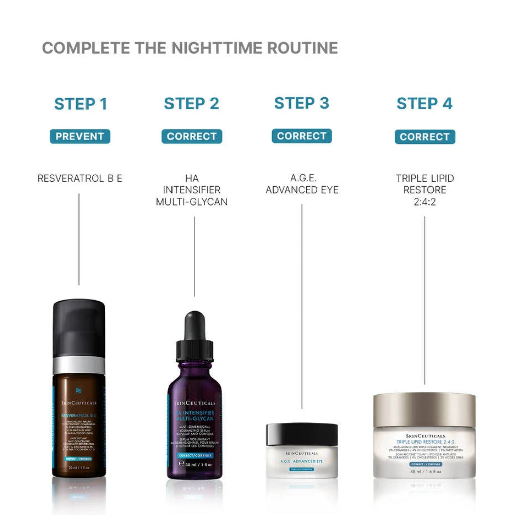 SkinCeuticals H.A. Intensifier Multi-Glycan serum in a PM skincare routine – used after cleansing and before night cream to support overnight skin hydration, firmness, and visible plumpness