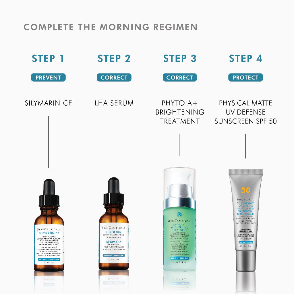 Four-step morning skincare routine featuring SkinCeuticals LHA Serum, demonstrating proper sequence with cleanser, serum, moisturizer, and sunscreen for oily and acne-prone skin