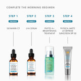 Four-step morning skincare routine featuring SkinCeuticals LHA Serum, demonstrating proper sequence with cleanser, serum, moisturizer, and sunscreen for oily and acne-prone skin