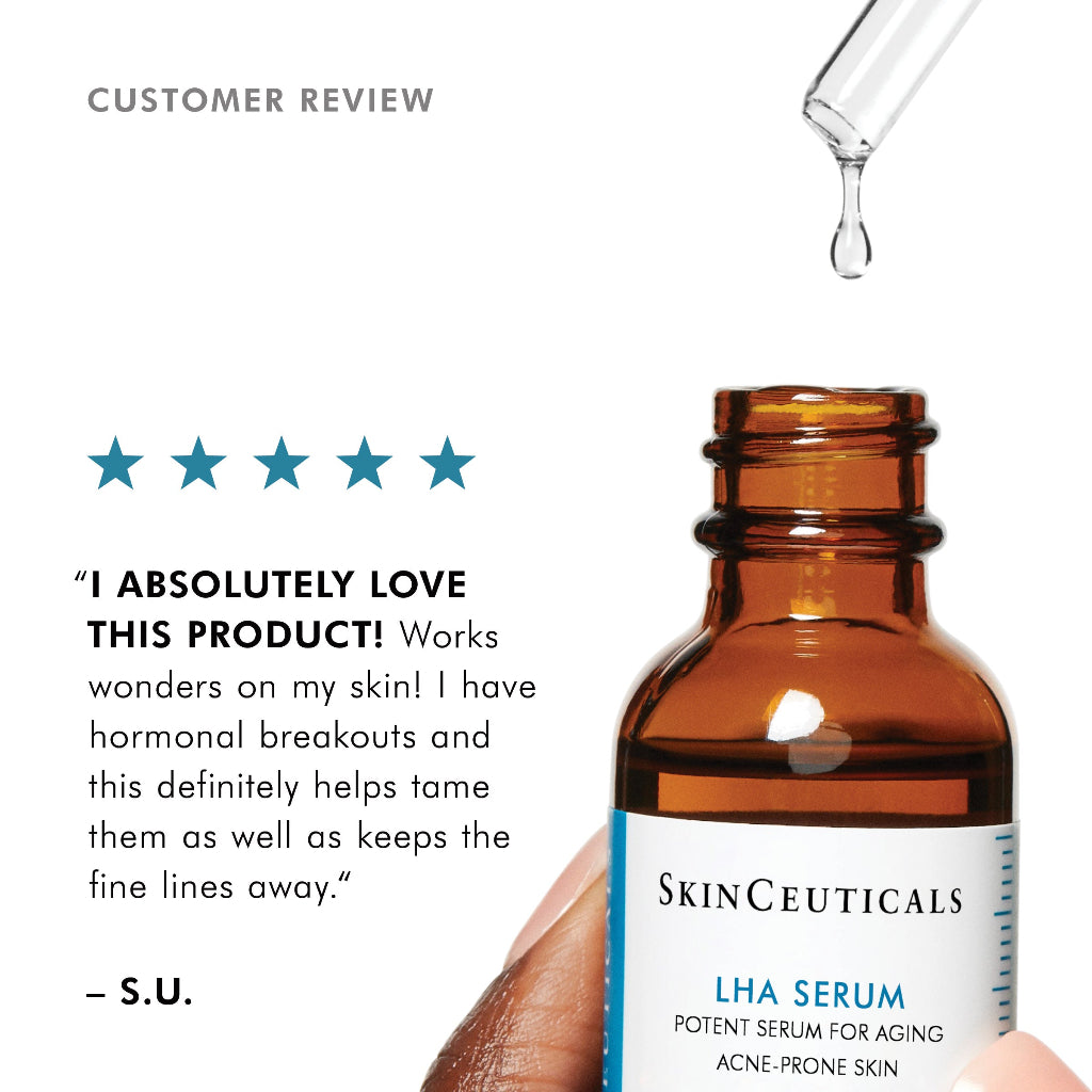 Customer review showcasing positive feedback for SkinCeuticals LHA Serum, emphasizing visible improvements in acne-prone and aging skin with product image and testimonial overlay.