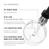 Key ingredients of SkinCeuticals LHA Serum displayed with ingredient icons and descriptions, highlighting LHA, salicylic acid, glycolic acid, and dioic acid for exfoliation and acne-prone skin improvement