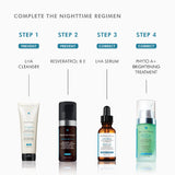 Four-step evening skincare routine featuring SkinCeuticals LHA Serum, showing step-by-step application with cleanser, serum, moisturizer, and targeted treatments for acne-prone and aging skin