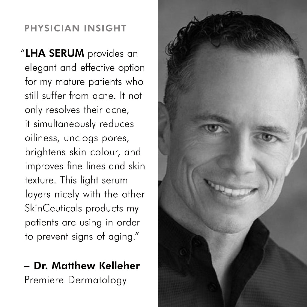Physician’s perspective on SkinCeuticals LHA Serum, highlighting expert insights on its effectiveness for aging, acne-prone skin, with product image and professional commentary backdrop