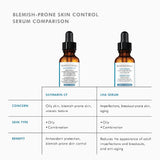 Comparison image of SkinCeuticals Silymarin CF vs. LHA Serum, highlighting differences in key ingredients, skin concerns addressed (oiliness, acne, aging), and ideal skin types for each serum