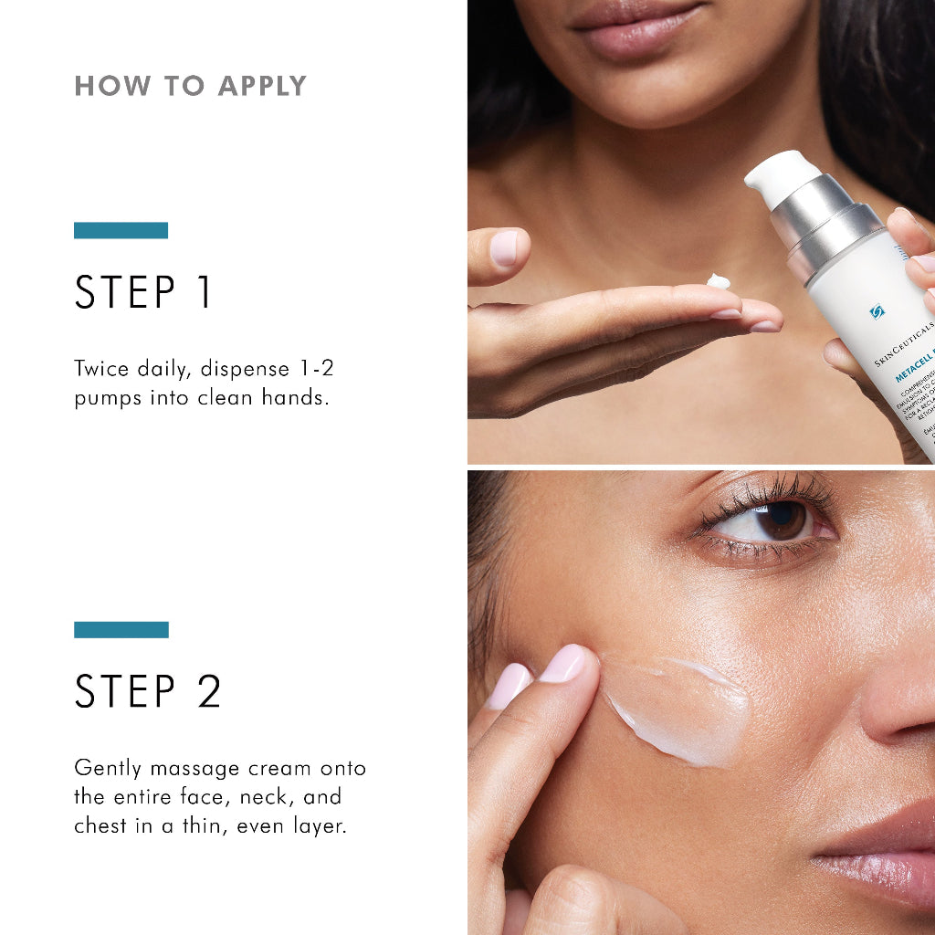 Step-by-step guide on applying SkinCeuticals Metacell B3 with close-up shots of a woman's face.