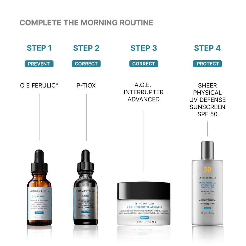 Visual guide showing the 4-step morning regimen featuring SkinCeuticals P-TIOX, including cleanse, apply vitamin C serum, apply P-TIOX serum, and finish with broad-spectrum SPF