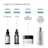 Visual guide showing the 4-step morning regimen featuring SkinCeuticals P-TIOX, including cleanse, apply vitamin C serum, apply P-TIOX serum, and finish with broad-spectrum SPF