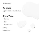 SkinCeuticals P-TIOX serum texture shown in a lightweight swatch, with icons highlighting compatibility with all skin types including sensitive, oily, dry, and combination skin.