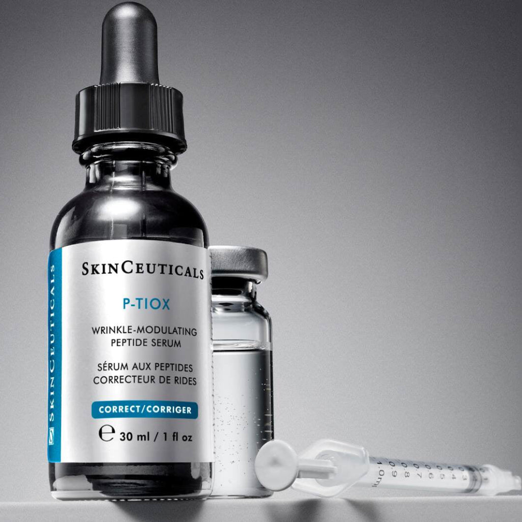 SkinCeuticals P-TIOX serum placed beside a Botox syringe on a sterile surface, visually representing its role as a needle-free alternative or complement to injectable wrinkle treatments