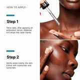 Visual guide for how to apply SkinCeuticals P-TIOX serum, highlighting key application areas like forehead, cheeks, and chin with step-by-step instructions for morning and evening use