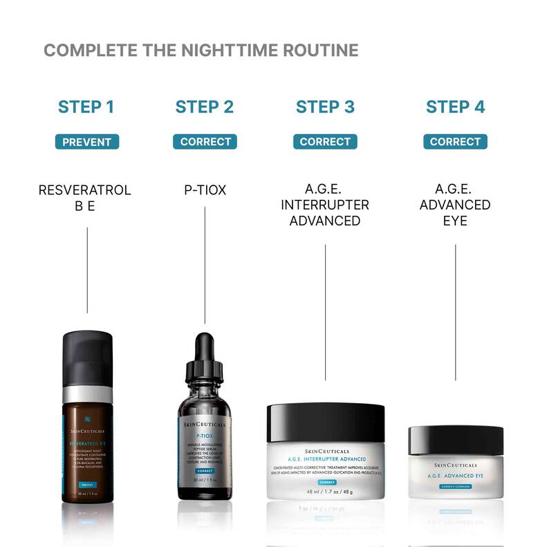 Illustration of the 4-step evening skincare routine featuring SkinCeuticals P-TIOX, including cleanse, apply treatment serum, follow with P-TIOX serum, and finish with nighttime moisturizer