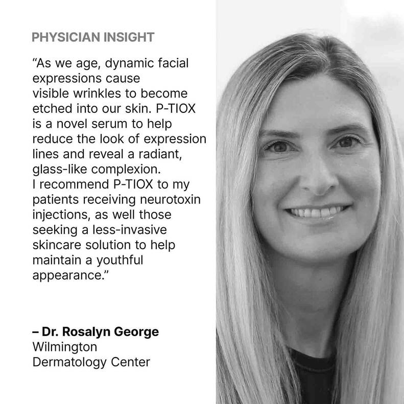 Quote image featuring a physician’s professional insight on SkinCeuticals P-TIOX serum, highlighting its effectiveness in reducing expression lines and enhancing skin texture without the use of injectables