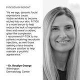 Quote image featuring a physician’s professional insight on SkinCeuticals P-TIOX serum, highlighting its effectiveness in reducing expression lines and enhancing skin texture without the use of injectables