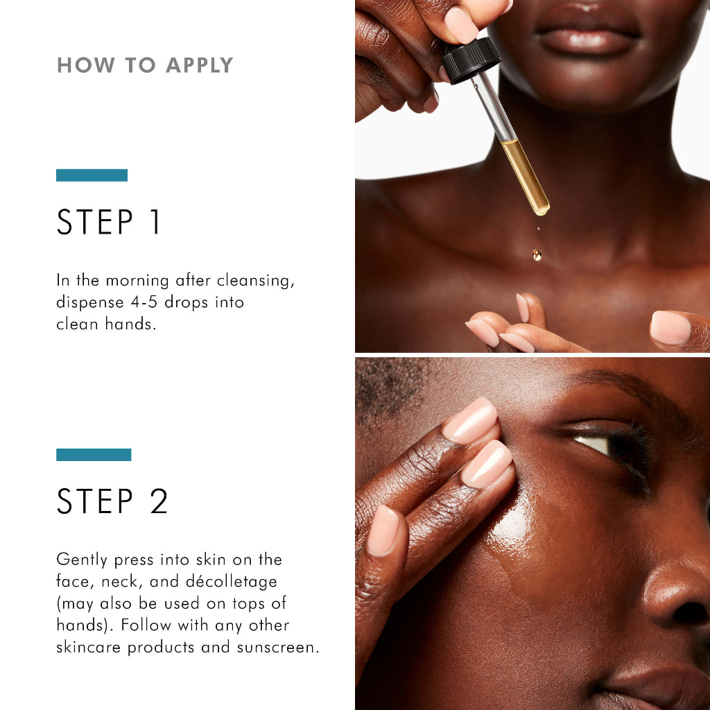 Step-by-step guide showing how to apply SkinCeuticals Phloretin CF serum to face and neck for optimal antioxidant protection
